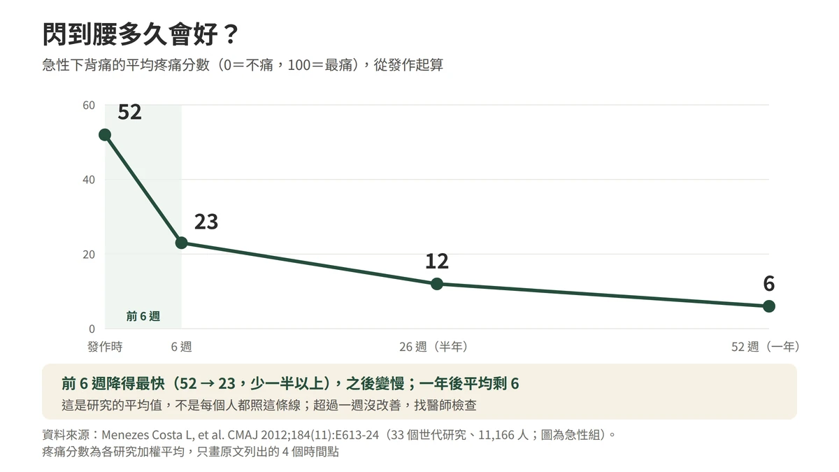 閃到腰多久會好：依2012年加拿大醫學會期刊統合分析，急性下背痛平均疼痛分數滿分一百，發作時52，六週23，二十六週12，五十二週6，前六週降得最快；這是平均值，超過一週沒改善應找醫師檢查