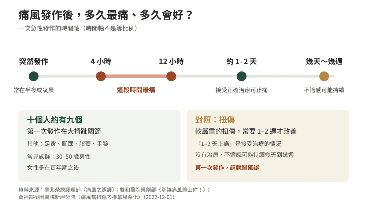 痛風發作的時間軸：常在半夜或凌晨發作，發作後四到十二小時最痛，接受正確治療約一到兩天能止痛，不治療的不適感可能持續幾天甚至幾週；十個人約九個第一次發作在大拇趾關節
