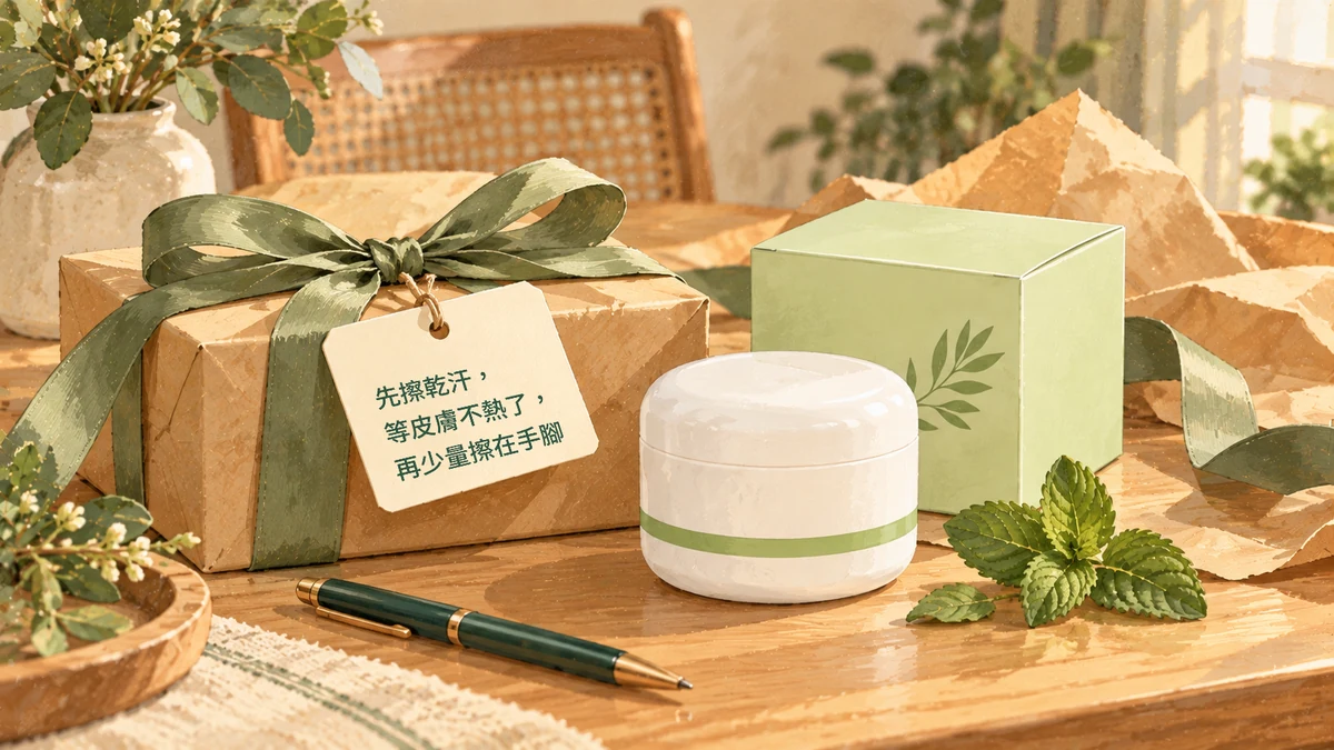 牛皮紙禮物綁著一張小卡，卡上寫著先擦乾汗、等皮膚不熱了、再少量擦在手腳；旁邊是白色圓罐與淺綠色外盒