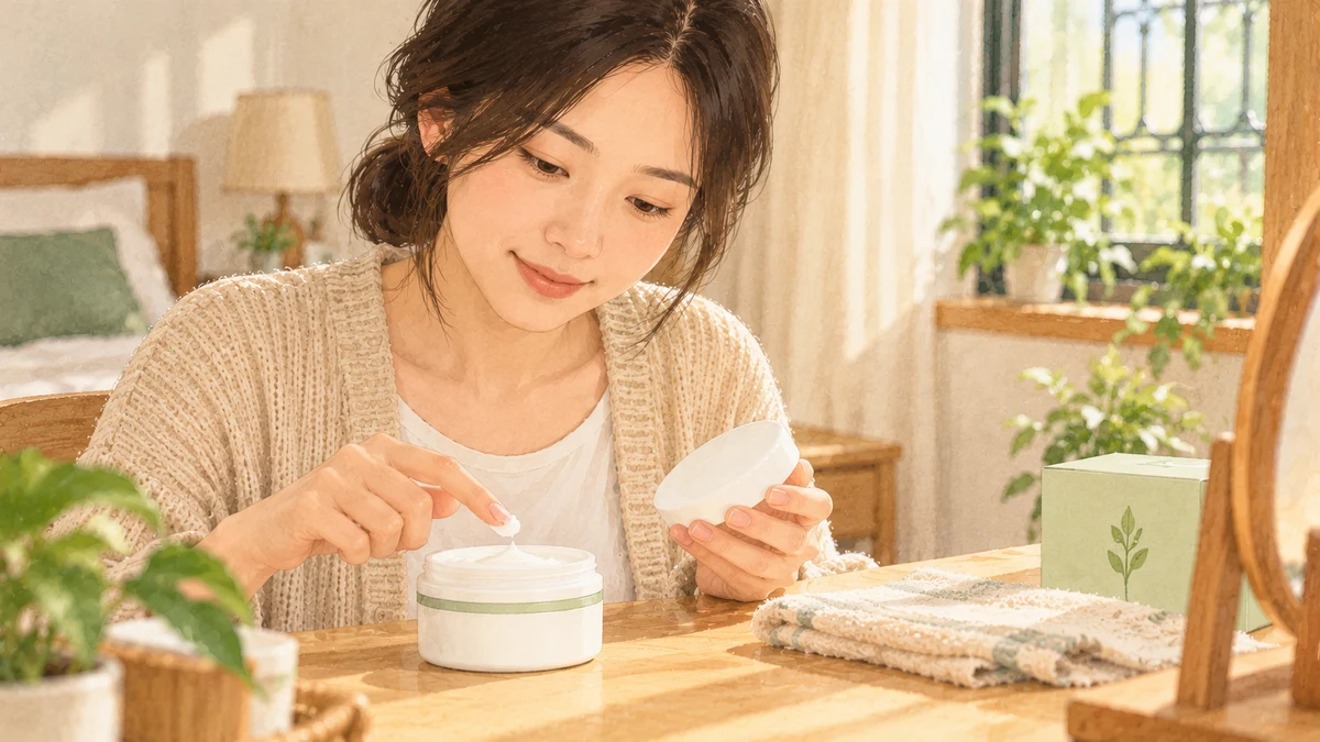 女性用乾淨的指尖從白色圓罐取一點霜，另一手拿著蓋子準備蓋回去