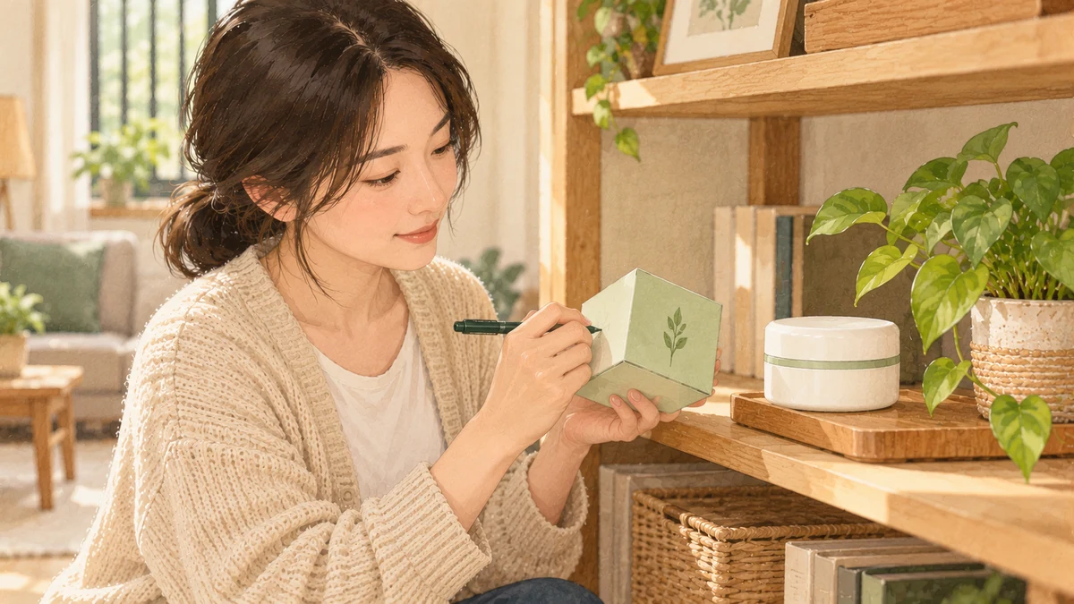 女性在淺綠色方盒上用筆寫下開封日期，白色圓罐放在客廳陰涼處的木架上