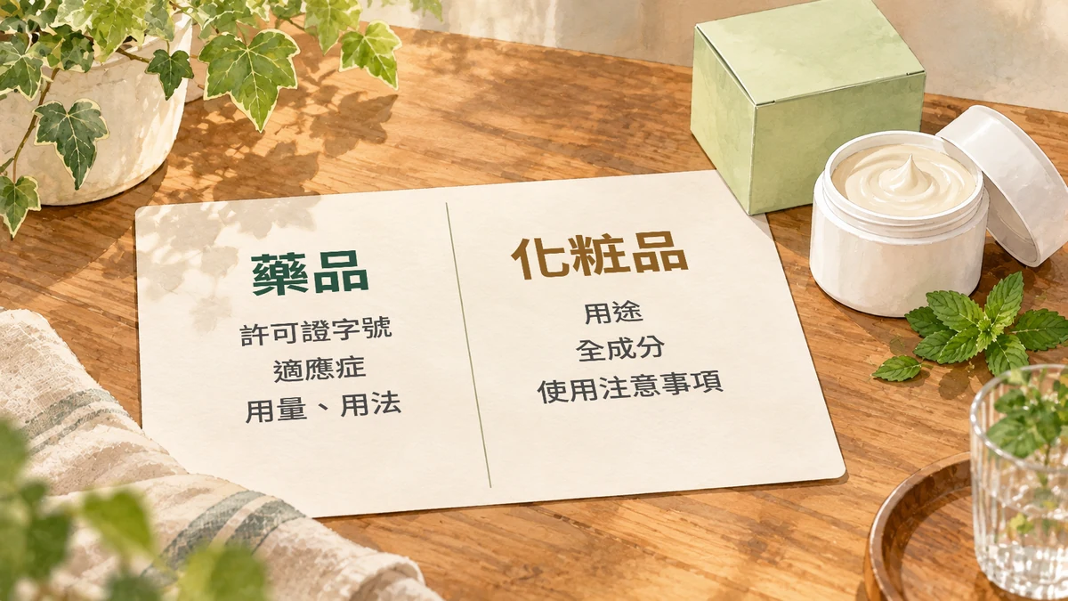 木桌上一張分成左右兩欄的小卡，左欄寫藥品，右欄寫化粧品，旁邊放著白色圓罐與淺綠色方盒