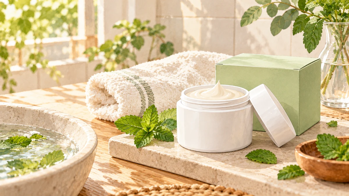 打開的白色圓罐放在石盤上，旁邊有淺綠色方盒、摺好的毛巾和新鮮薄荷葉