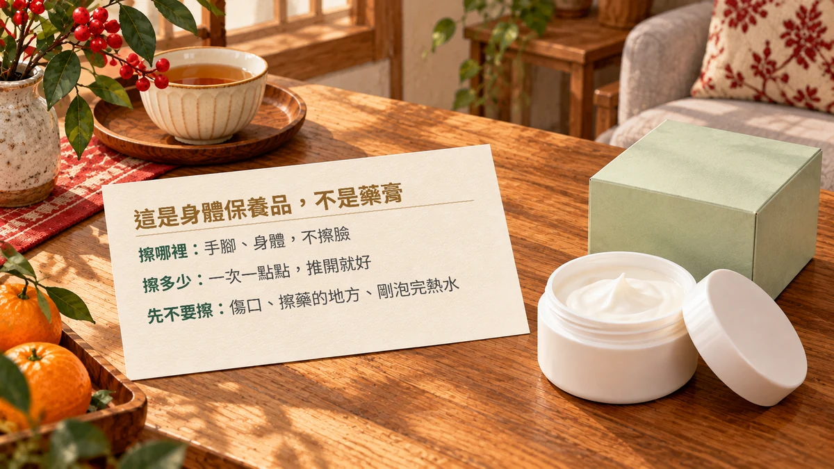 木茶几上一張大字小卡，寫著：這是身體保養品，不是藥膏；擦哪裡：手腳、身體，不擦臉；擦多少：一次一點點，推開就好；先不要擦：傷口、擦藥的地方、剛泡完熱水。旁邊放著白色圓罐和淺綠色方盒