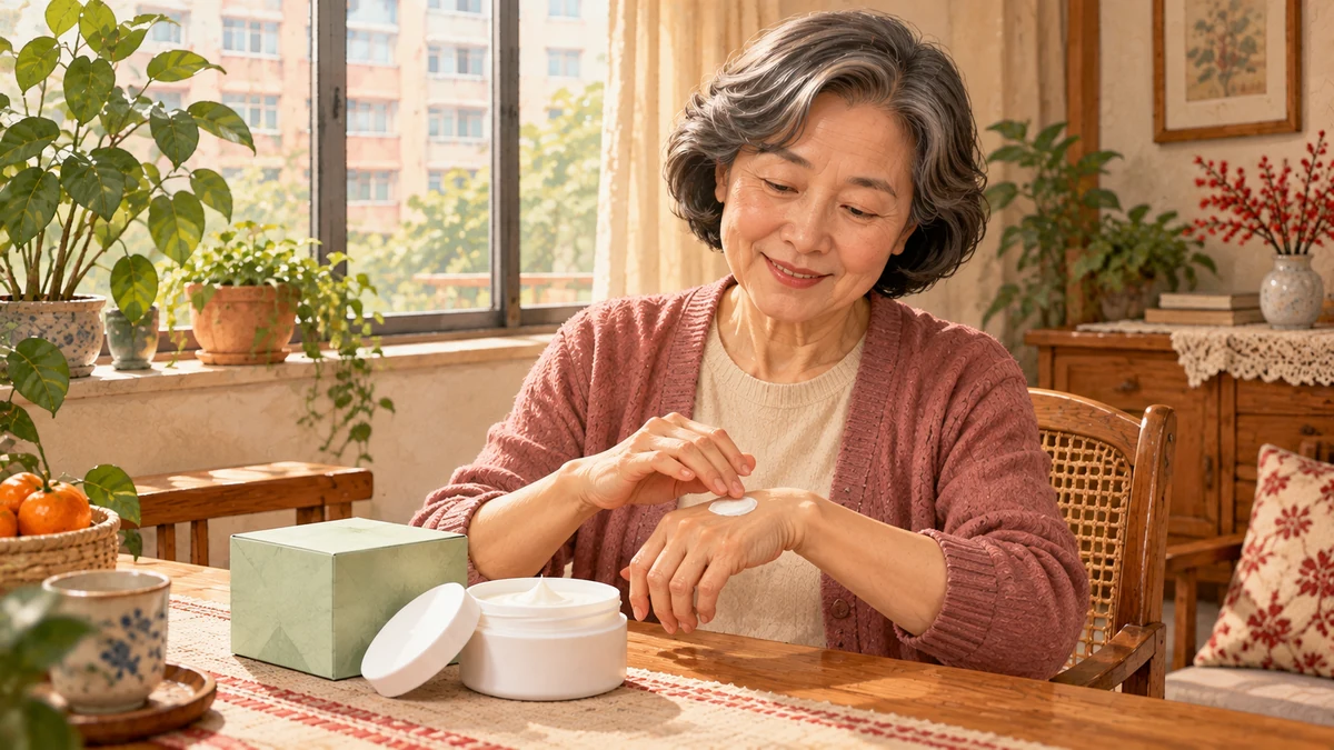 六十多歲的女性坐在家中窗邊的餐桌前，從白色圓罐取一點霜抹在手背上，神情自在